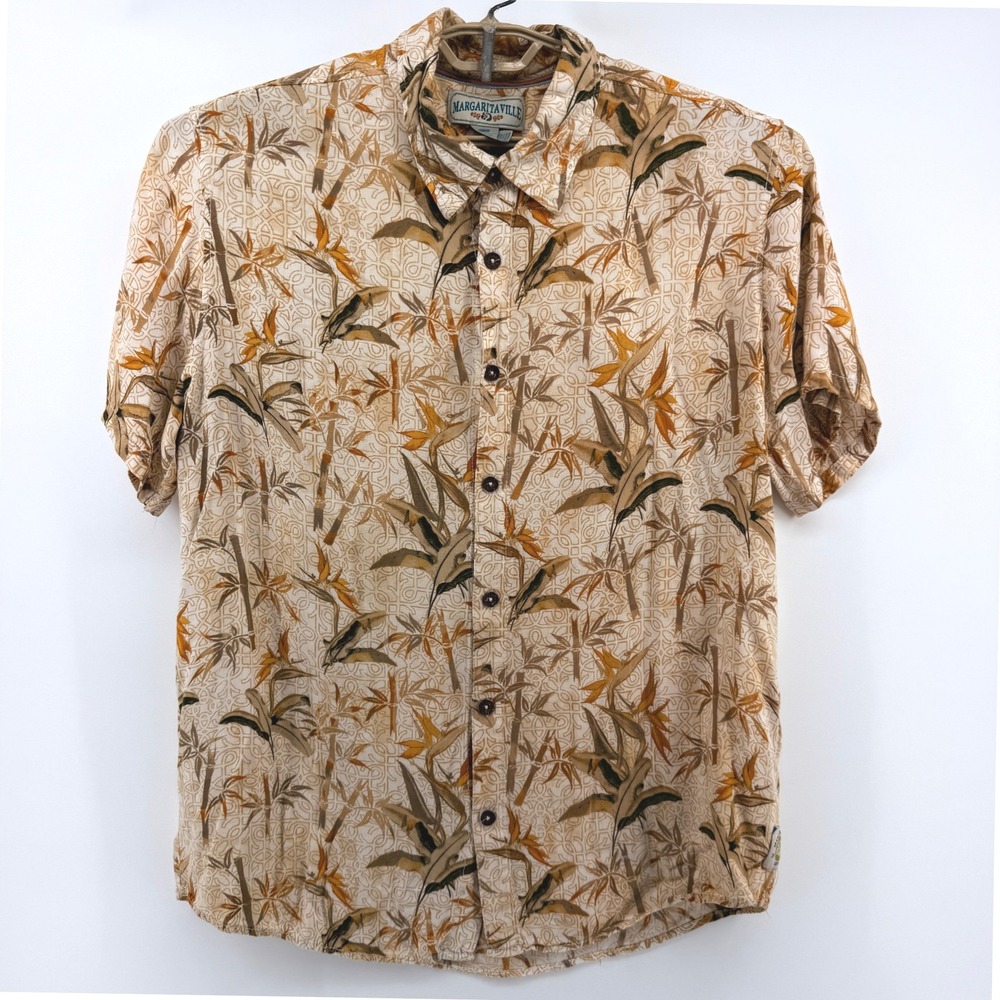 Margaritaville Button Down Shirt Men XL Rayon Tropical Bamboo Print Shrt Sleeve
